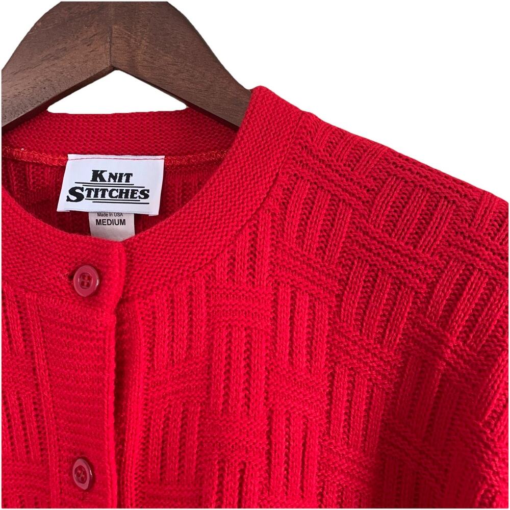 Vtg Knit Stitches Red Button Front Cardigan Sweater Made in USA Size Medium